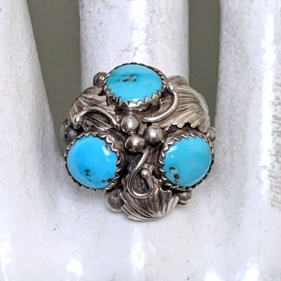 Vintage Signed NAVAJO Sterling Silver Turquoise Squash Blossom Cluster Ring